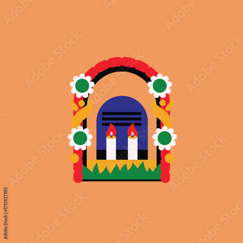 Dia de los Muertos altar with two candles and flowers, a traditional offering for remembrance and celebration of deceased loved ones