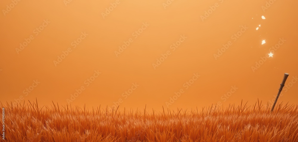 Fototapeta premium A solitary bamboo flute stands in orange grass with glowing stars above