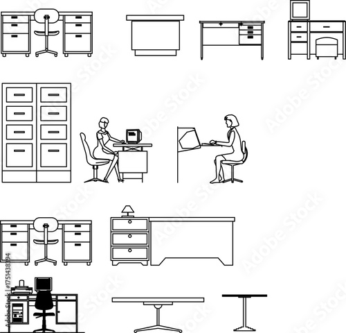 Line-drawn office furniture & workspace layouts — includes desks, chairs, filing cabinets, and human figures for interior planning, ergonomic design, or architectural visualization.