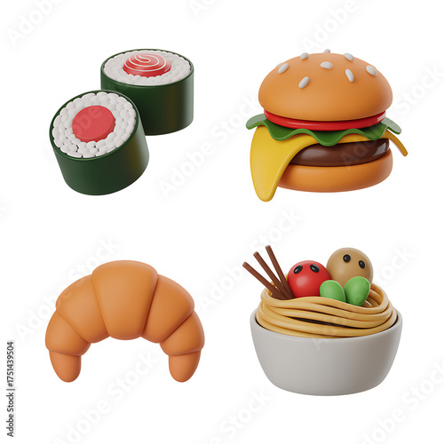 3D Food & Cuisine Icon Set – Sushi, Pizza, Burger, Croissant, Spaghetti, Dumplings 