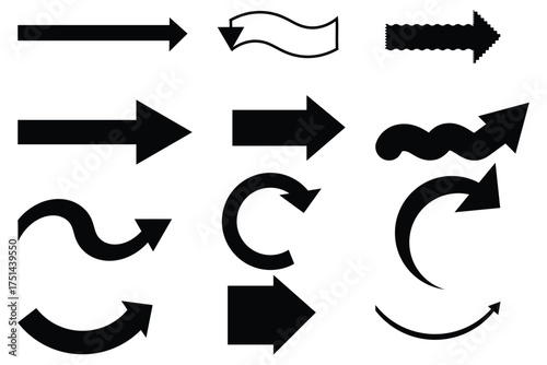 Twelve distinct black arrow illustrations offer varied directional guidance and design possibilities on a transparent background