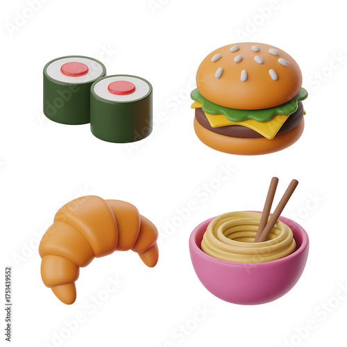 3D Food & Cuisine Icon Set – Sushi, Pizza, Burger, Croissant, Spaghetti, Dumplings 