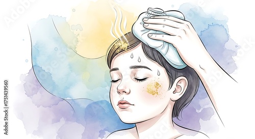 Soothing relief from a high fever as a caring hand places a cold compress on a sick child's sweating brow