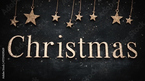 Sparkling gold glitter Christmas text with elegant hanging star ornaments on a dark background, perfect for holiday season greetings.