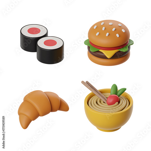 3D Food & Cuisine Icon Set – Sushi, Pizza, Burger, Croissant, Spaghetti, Dumplings 