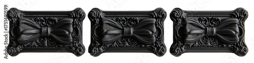Black ornate molding features bows and floral details repeated thrice