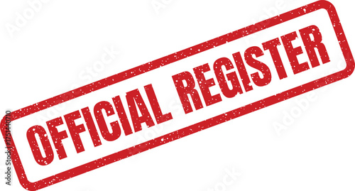 Grungy red rectangular stamp with text official register for legal enrollment and formal listings