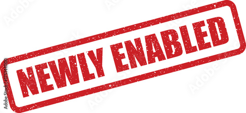 Grungy red rubber stamp impression signifying an item or feature that has been recently activated or permitted for use