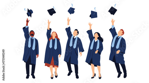 Diverse group of happy graduates throwing caps in celebration