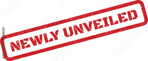 Rectangular distressed rubber stamp featuring the words NEWLY UNVEILED to announce a fresh product or revelation