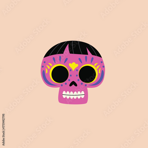 A vibrant and colorful illustration of a sugar skull, a traditional symbol of Dia de los Muertos or Day of the Dead, against a soft peach background