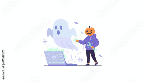 Halloween cyber security expert fixes a laptop with a ghost issue Spooky tech support concept