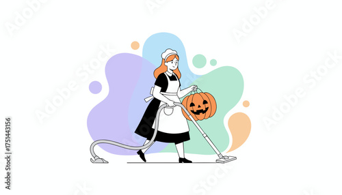 Cheerful maid with vacuum and festive Halloween pumpkin Seasonal home cleaning concept