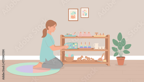 Woman arranging educational toys in an organized learning space for child development