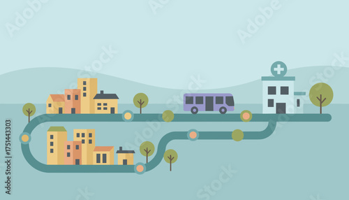 Bus route connects city to hospital symbolizing accessible healthcare and urban transport