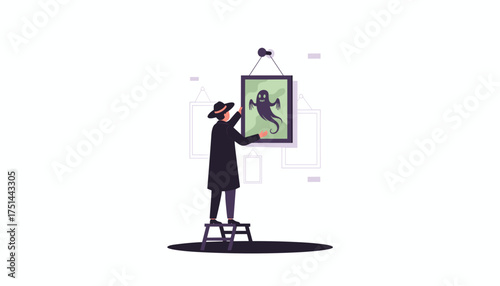 Person on stool hanging a ghost painting preparing art for display or Halloween decor