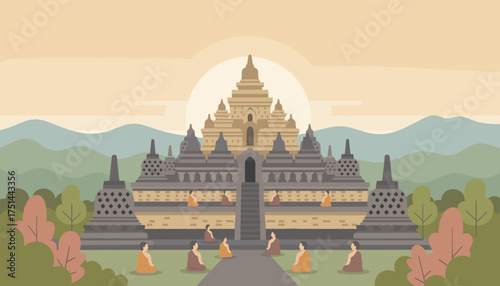 Borobudur temple at sunrise with meditating monks Serene spiritual journey and ancient culture