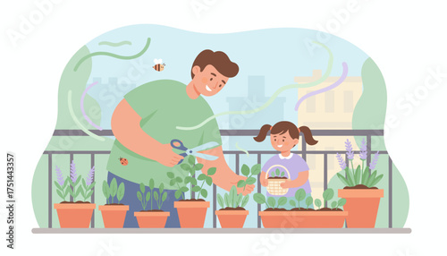 Happy father and daughter gardening on urban balcony cultivating plants together