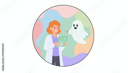 Smiling scientist and ghost with robotic arm examine data on a tablet blending science and fantasy