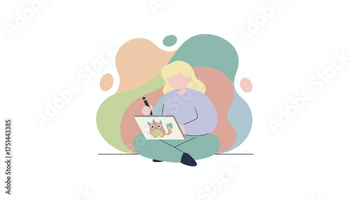 Woman illustrating a charming monster on a digital tablet representing creativity and design