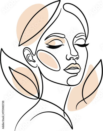 Elegant minimalist line art drawing of a serene woman s face with closed eyes surrounded by abstract organic leaf shapes and soft blush tones