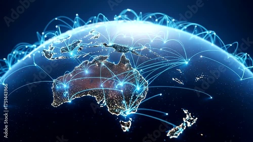 Network connections illuminating Australia at night with global data flow