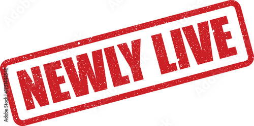 Red grunge rectangular rubber stamp with NEWLY LIVE message for product launch announcements