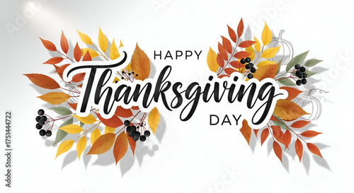 ​A unique and elegant graphic design with beautiful calligraphy text spelling out Happy Thanksgiving and a colorful frame of autumn leaves, berries and line art pumpkins on a clean white background.
