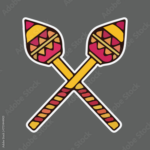 Colorful crossed maracas with traditional ethnic patterns, a hand-drawn illustration for a festive celebration