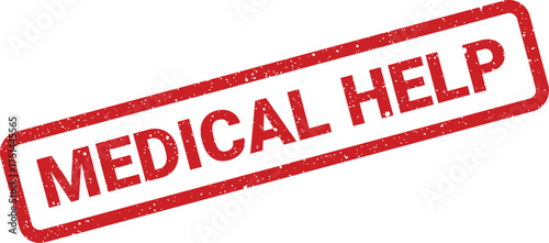 Red rectangular grunge effect rubber stamp displaying MEDICAL HELP text for emergency situations