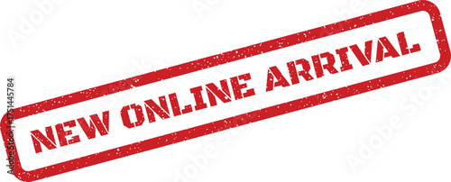 Red rectangular grunge stamp indicating NEW ONLINE ARRIVAL for e commerce websites and product launches