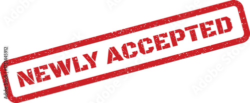 Red rectangular grunge texture stamp with NEWLY ACCEPTED text, confirming approval or inclusion status