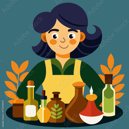 A smiling woman presenting various apothecary bottles