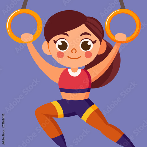 Cartoon girl performing gymnastics with orange rings in playful pose