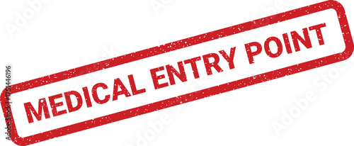 Red rectangular rubber stamp impression prominently showing medical entry point with a weathered grunge texture
