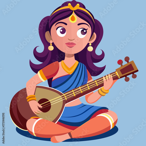 Cartoon illustration of Indian Goddess Saraswati playing the Veena