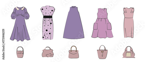 淡いラベンダーカラーのワンピースとバッグのベクターイラスト