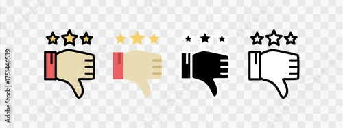 Thumbs down rating icons with stars, suitable for feedback forms, review platforms, and negative rating concepts.