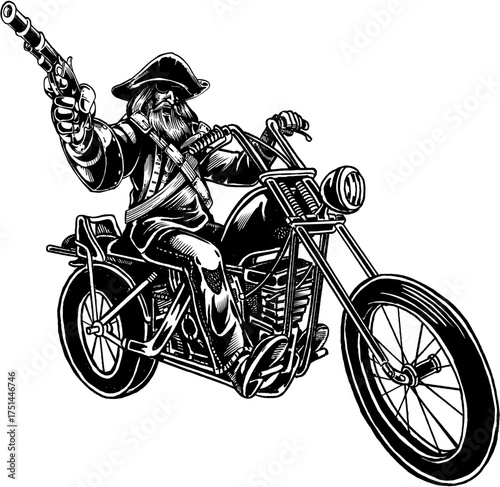 Pirate on Motorcycle with Gun — Vintage Black and White Vector Illustration for Tattoo, Biker, and Adventure Design
