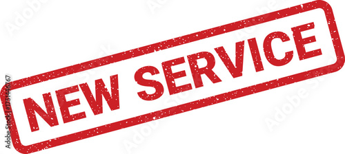 Red textured rectangle rubber stamp with bold NEW SERVICE text for business announcement