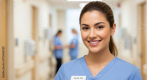 A smiling female nurse in blue scrubs stands in a hospital hallway, her expression warm and inviting, with colleagues blurred in the background Free Download A smiling female nurse in blue scrubs stands in a hospital hallway, her expression warm and inviting, with colleagues blurred in the background - GFXLoad