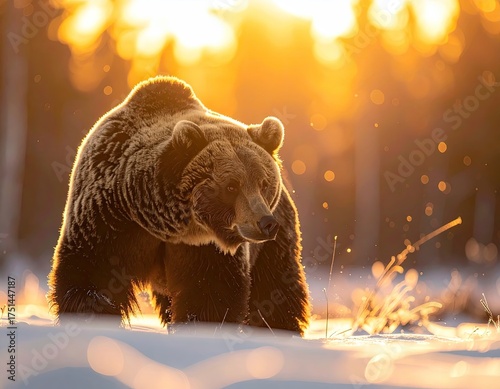 Majestic Brown Bear in Sunlit Winter Landscape with Snow and Bokeh Lights Cinematic Wildlife Photography Under Golden Natural Illumination