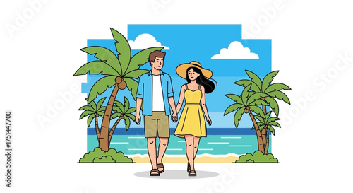 Couple Traveling on Tropical Beach, Holding Hands Vector Illustration