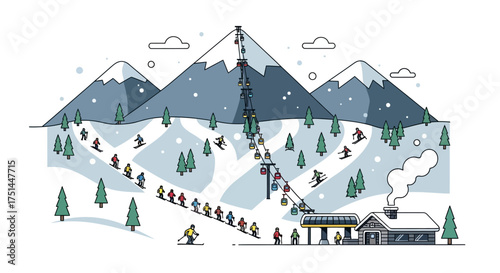 Ski resort with mountains, skiers on slopes and ski lift, winter sports and vacation