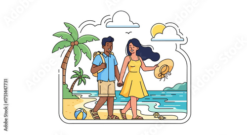 Couple Traveling on Tropical Beach, Holding Hands Vector Illustration