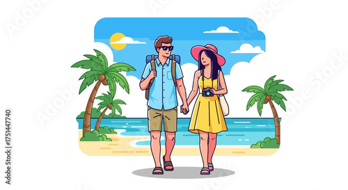 Couple Traveling on Tropical Beach, Holding Hands Vector Illustration