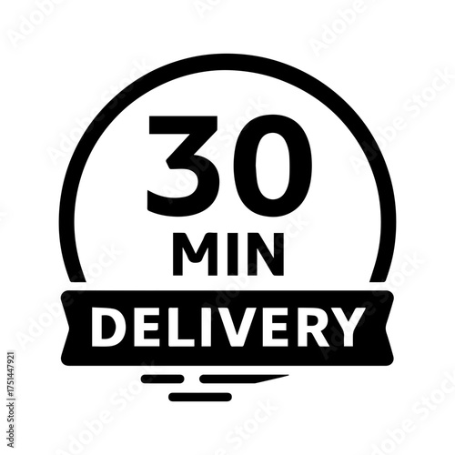 30 min delivery badge icon with transparent background — representing fast delivery, express shipping, or quick service guarantee.
