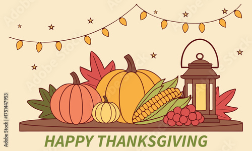 Festive thanksgiving pumpkins, leaves, corn, grapes, and lantern are displayed under soft lights