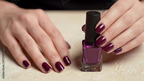 Close Up of Elegant Female Hands with Dark Purple Manicure Holding a Glass Nail Polish Bottle on Textured White Surface in Bright Studio Lighting for Beauty Advertisement