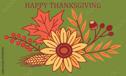 Happy Thanksgiving text atop autumnal flower, berry and leaf arrangement on muted olive background